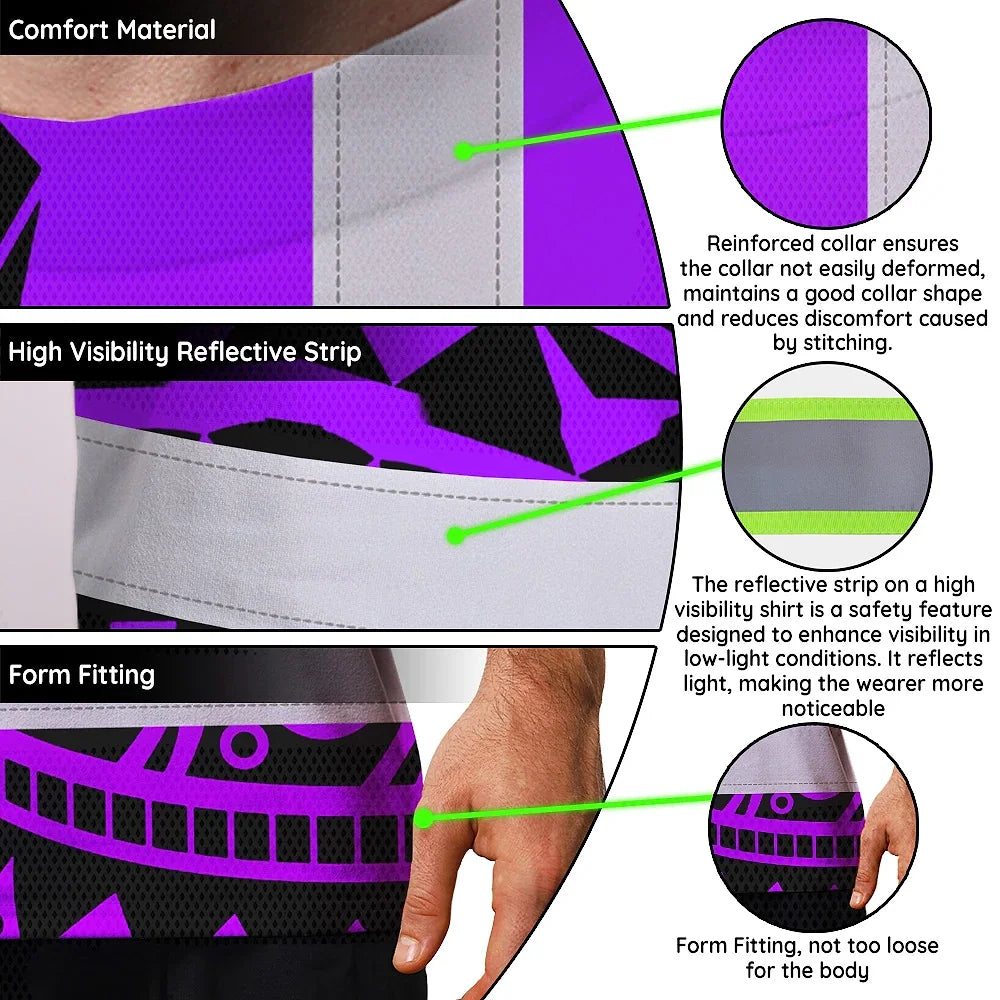 Hi Vis T Shirt Reflective Tapes TiKi  Violet Neon Polynesian Tribal Custom Name Safety Workwear For Workers, Truckers, Operators