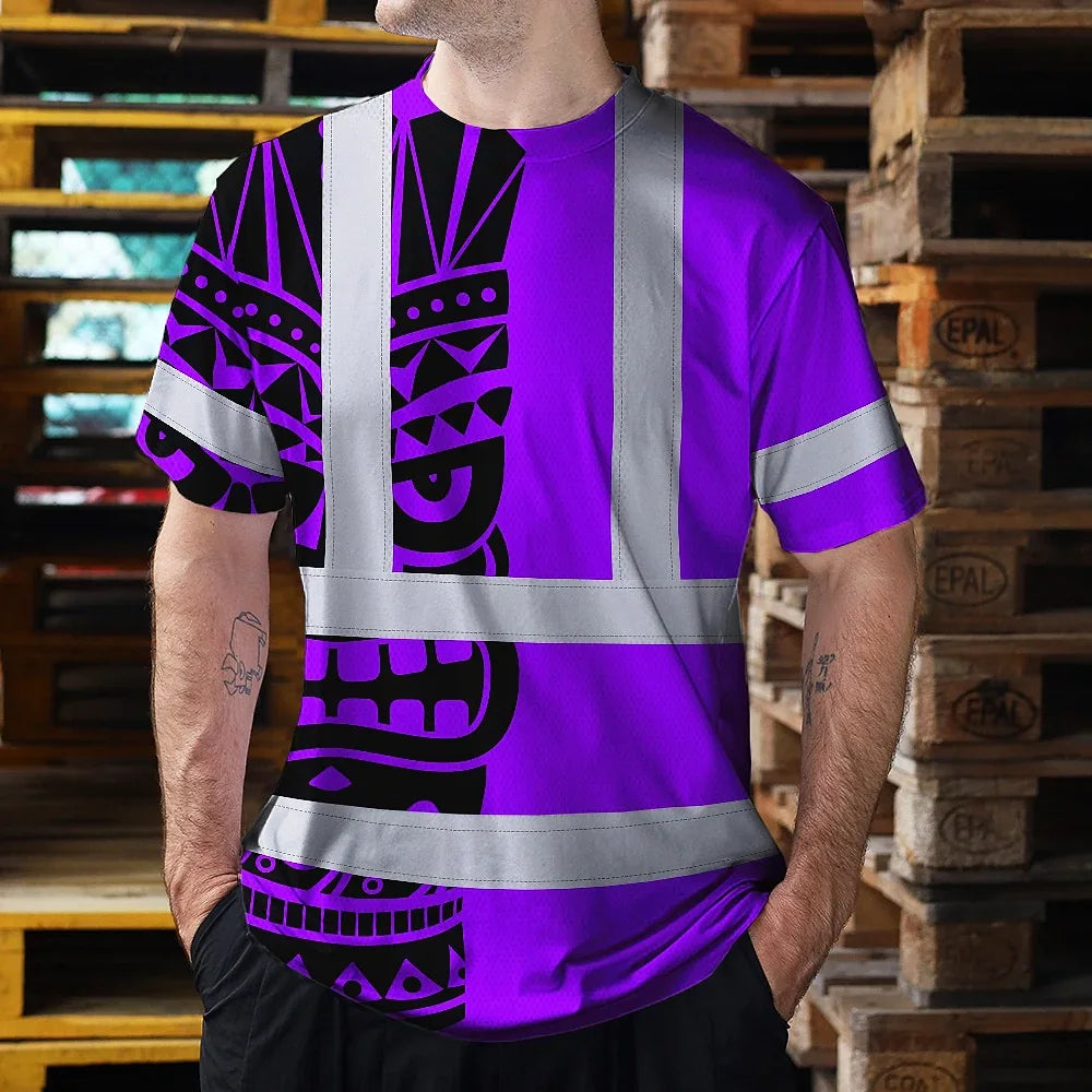 Hi Vis T Shirt Reflective Tapes TiKi  Violet Neon Polynesian Tribal Custom Name Safety Workwear For Workers, Truckers, Operators