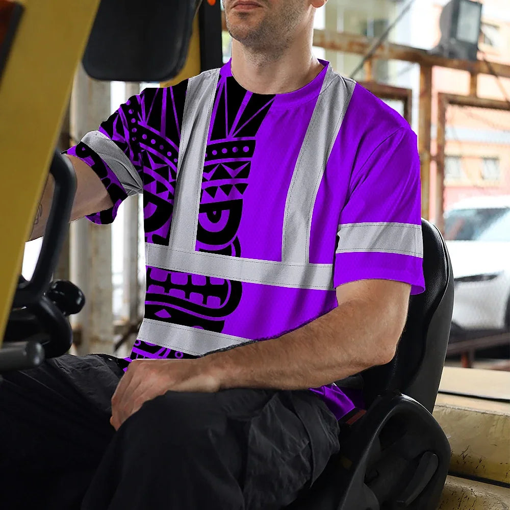 Hi Vis T Shirt Reflective Tapes TiKi  Violet Neon Polynesian Tribal Custom Name Safety Workwear For Workers, Truckers, Operators