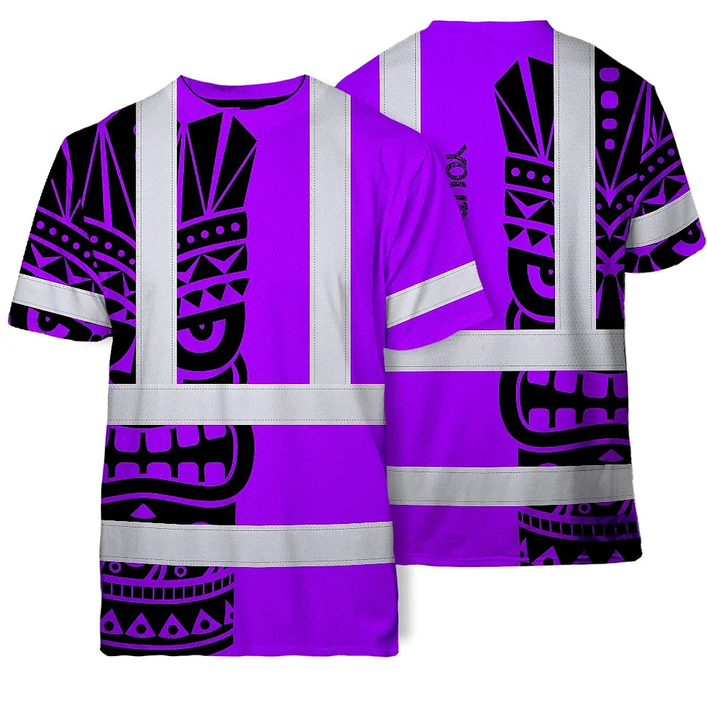 Hi Vis T Shirt Reflective Tapes TiKi  Violet Neon Polynesian Tribal Custom Name Safety Workwear For Workers, Truckers, Operators