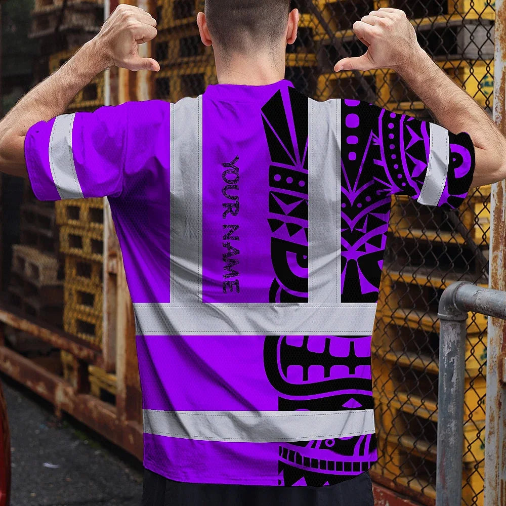 Hi Vis T Shirt Reflective Tapes TiKi  Violet Neon Polynesian Tribal Custom Name Safety Workwear For Workers, Truckers, Operators