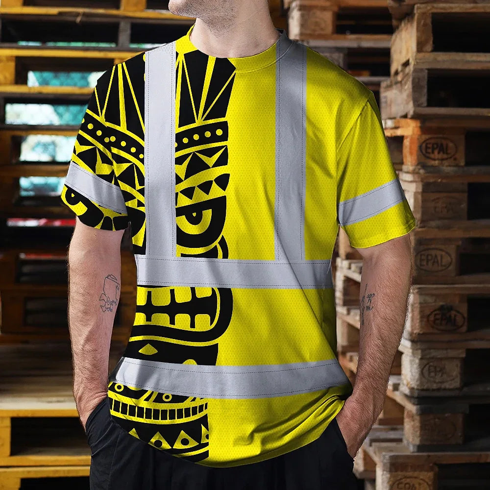Hi Vis T Shirt Reflective Tapes TiKi Yellow Neon Polynesian Tribal Custom Name Safety Workwear For Workers, Truckers, Operators