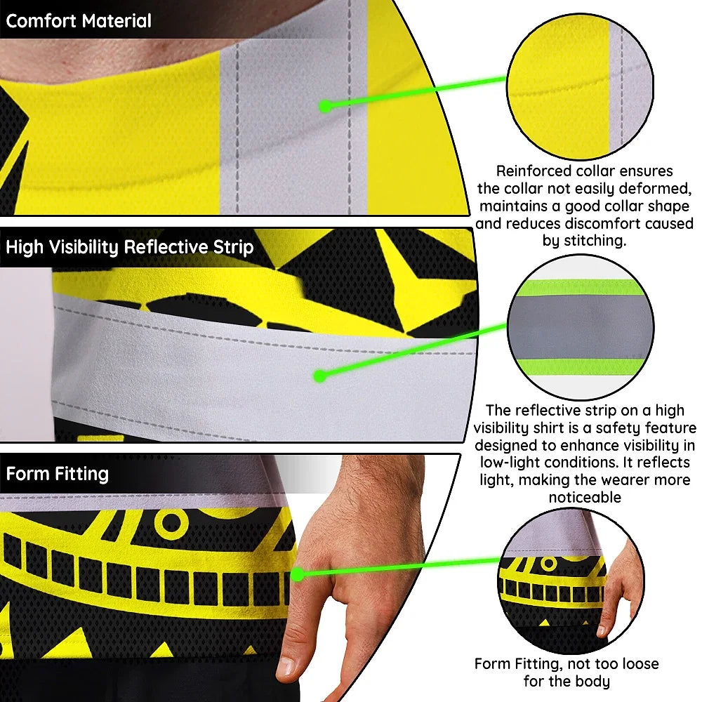 Hi Vis T Shirt Reflective Tapes TiKi Yellow Neon Polynesian Tribal Custom Name Safety Workwear For Workers, Truckers, Operators