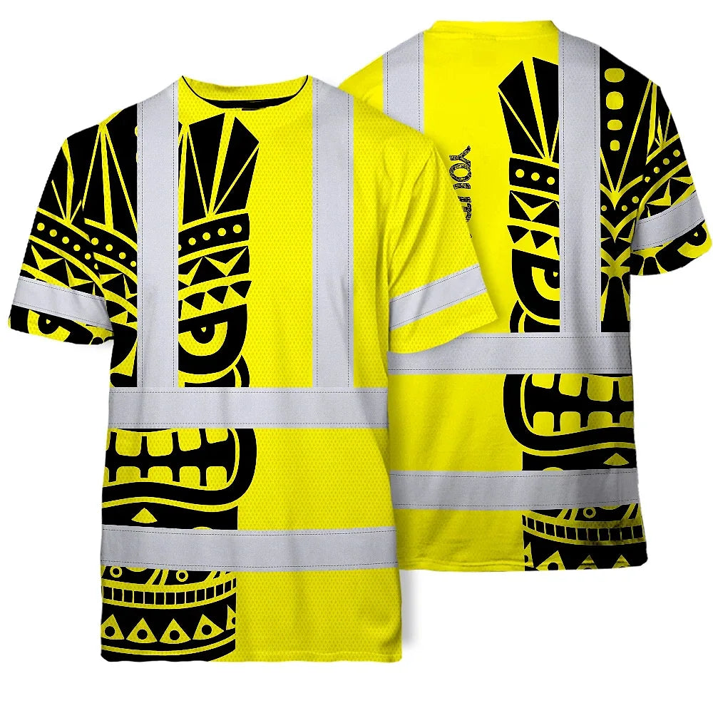 Hi Vis T Shirt Reflective Tapes TiKi Yellow Neon Polynesian Tribal Custom Name Safety Workwear For Workers, Truckers, Operators