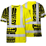 Hi Vis T Shirt Reflective Tapes TiKi Yellow Neon Polynesian Tribal Custom Name Safety Workwear For Workers, Truckers, Operators