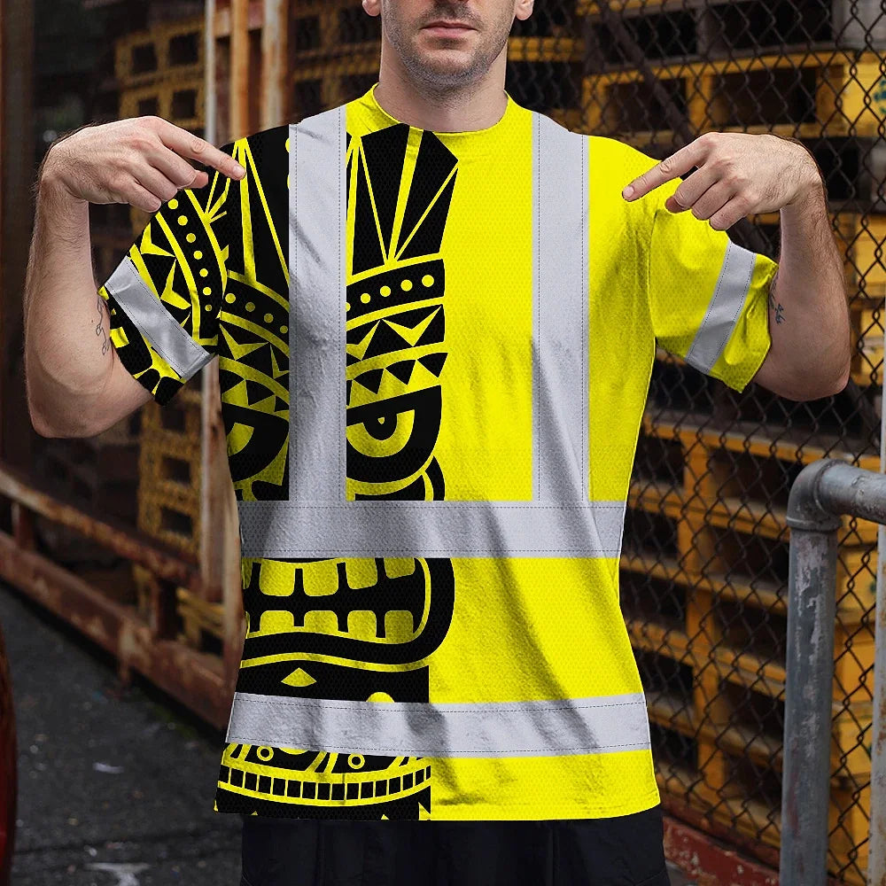 Hi Vis T Shirt Reflective Tapes TiKi Yellow Neon Polynesian Tribal Custom Name Safety Workwear For Workers, Truckers, Operators