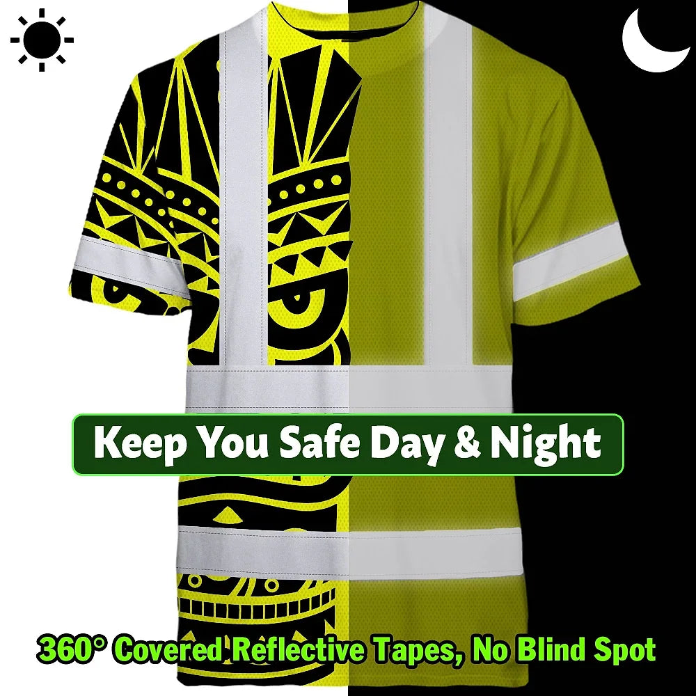Hi Vis T Shirt Reflective Tapes TiKi Yellow Neon Polynesian Tribal Custom Name Safety Workwear For Workers, Truckers, Operators
