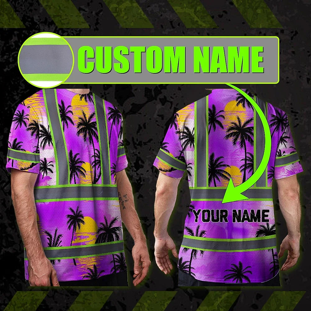 Hi Vis T Shirt Reflective Tapes Violet Neon Flowers Custom Name