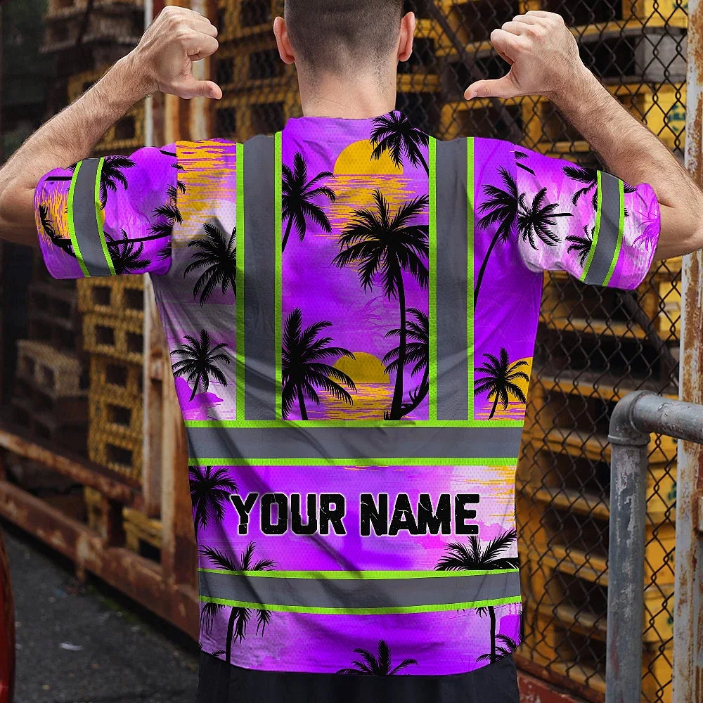 Hi Vis T Shirt Reflective Tapes Violet Neon Flowers Custom Name
