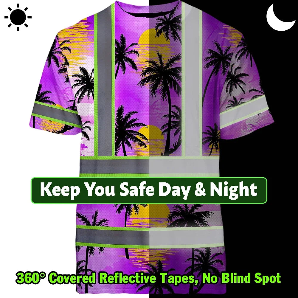 Hi Vis T Shirt Reflective Tapes Violet Neon Flowers Custom Name