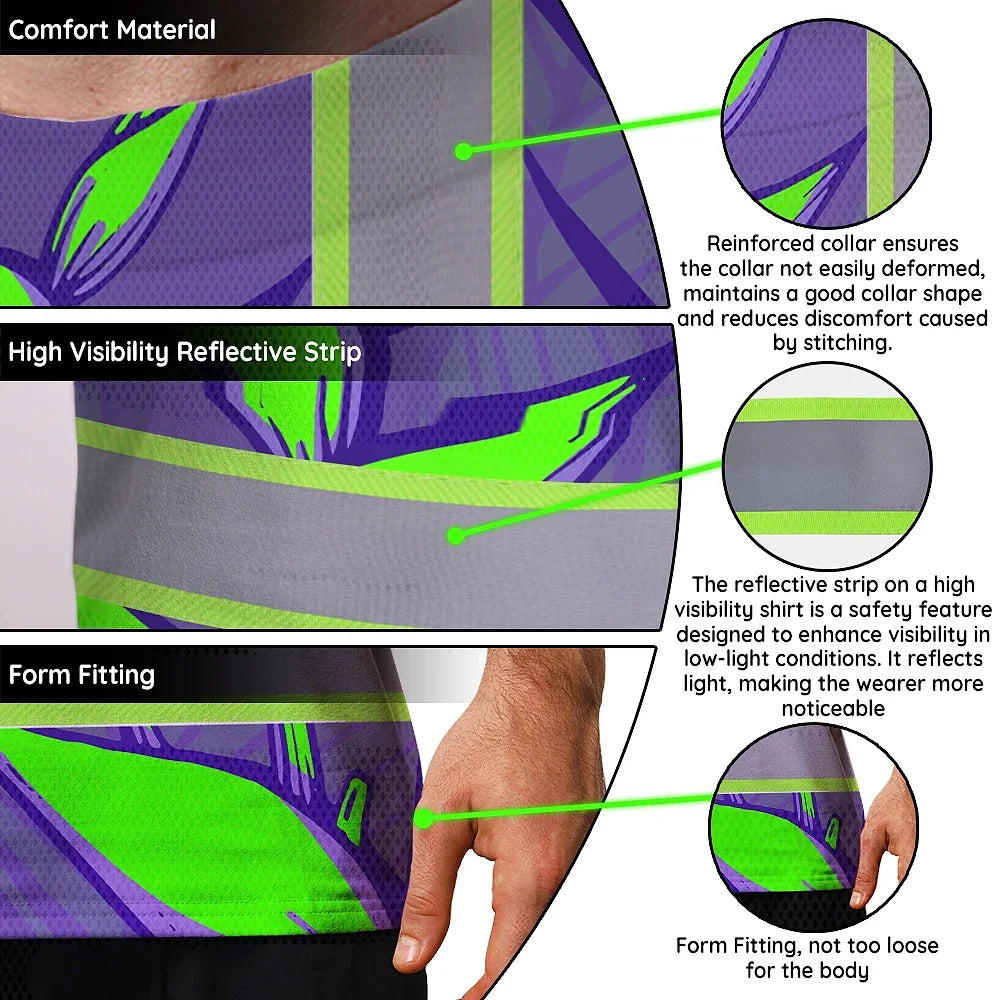 Hi Vis T Shirt Reflective Tapes Violet Neon Green Heliconia Custom Name Safety Workwear For Workers, Truckers, Operators