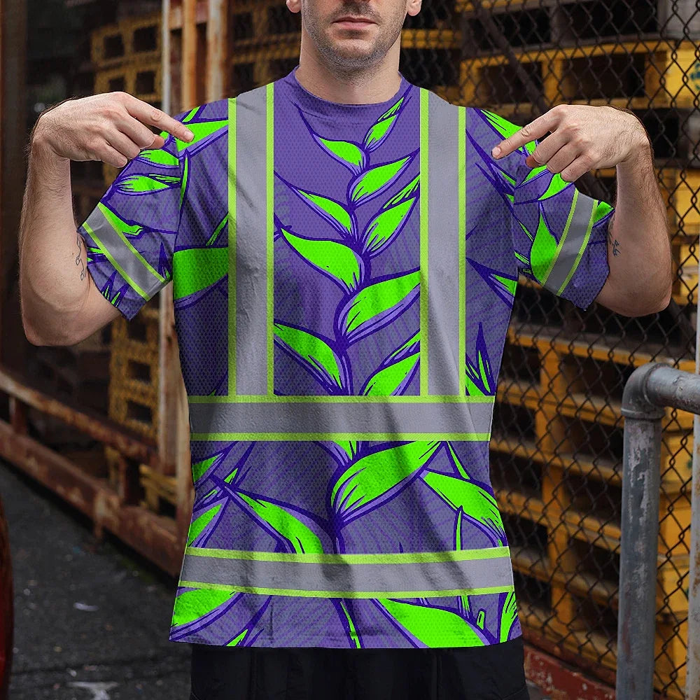 Hi Vis T Shirt Reflective Tapes Violet Neon Green Heliconia Custom Name Safety Workwear For Workers, Truckers, Operators
