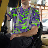 Hi Vis T Shirt Reflective Tapes Violet Neon Green Heliconia Custom Name Safety Workwear For Workers, Truckers, Operators