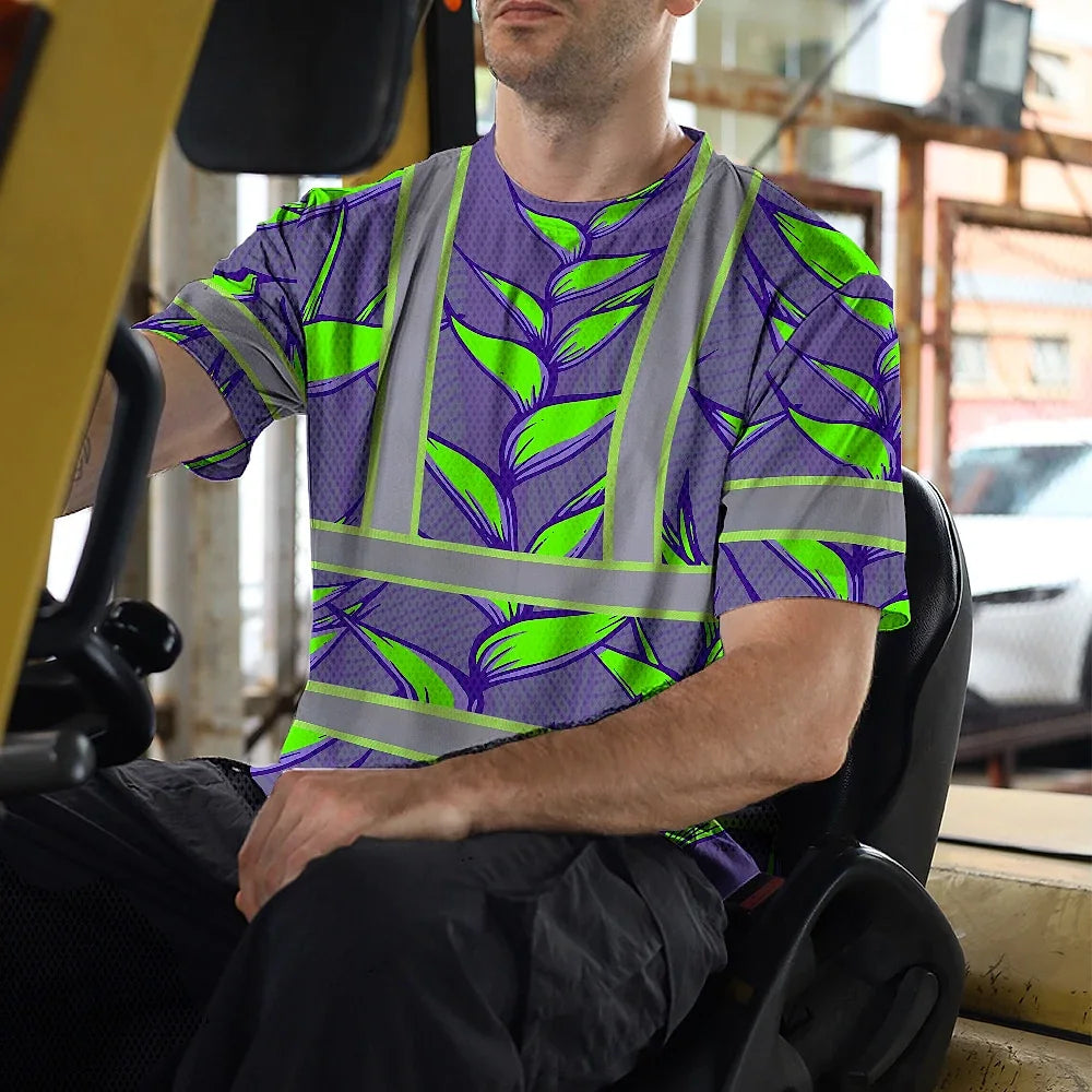 Hi Vis T Shirt Reflective Tapes Violet Neon Green Heliconia Custom Name Safety Workwear For Workers, Truckers, Operators