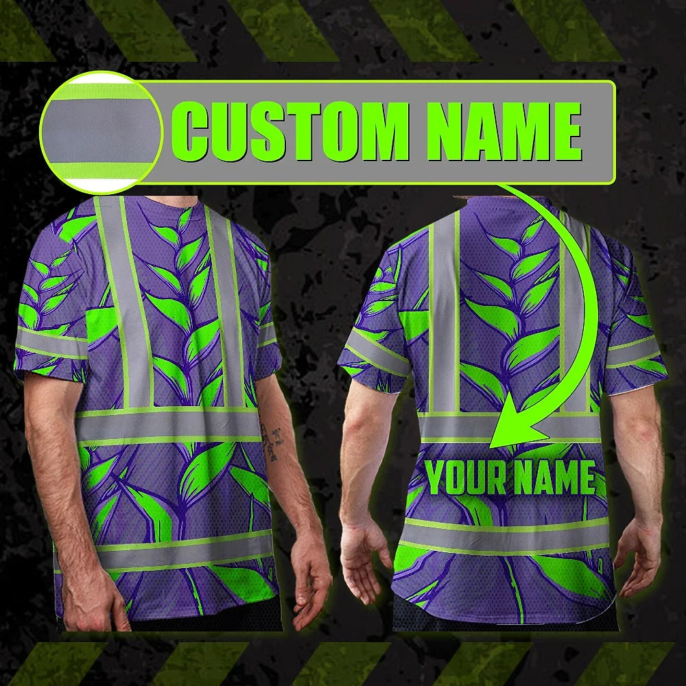 Hi Vis T Shirt Reflective Tapes Violet Neon Green Heliconia Custom Name Safety Workwear For Workers, Truckers, Operators