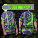 Hi Vis T Shirt Reflective Tapes Violet Neon Green Heliconia Custom Name Safety Workwear For Workers, Truckers, Operators