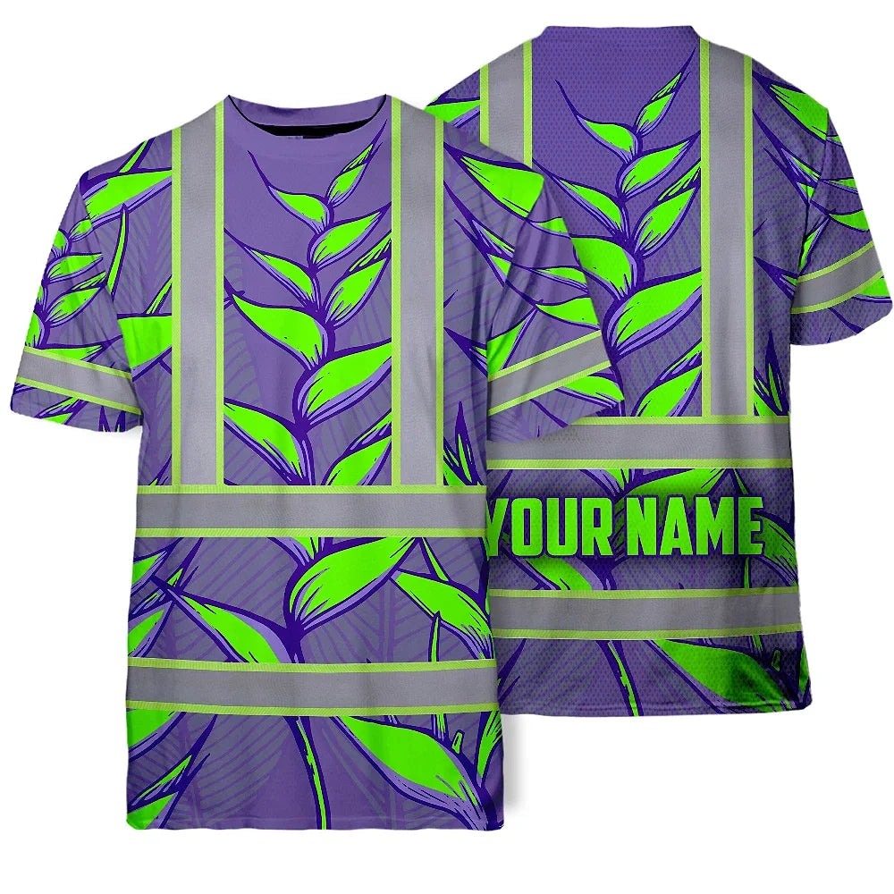 Hi Vis T Shirt Reflective Tapes Violet Neon Green Heliconia Custom Name Safety Workwear For Workers, Truckers, Operators