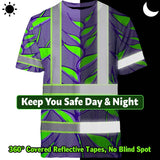 Hi Vis T Shirt Reflective Tapes Violet Neon Green Heliconia Custom Name Safety Workwear For Workers, Truckers, Operators