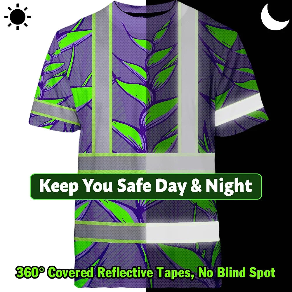 Hi Vis T Shirt Reflective Tapes Violet Neon Green Heliconia Custom Name Safety Workwear For Workers, Truckers, Operators