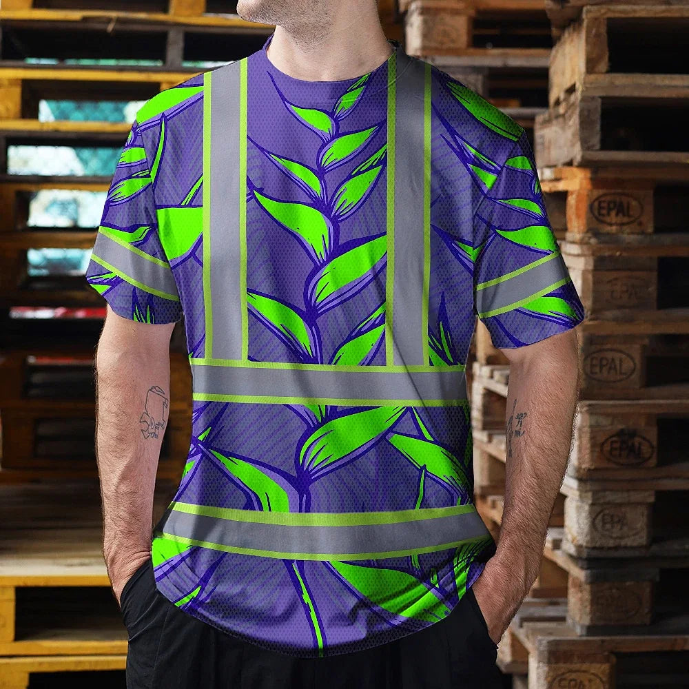 Hi Vis T Shirt Reflective Tapes Violet Neon Green Heliconia Custom Name Safety Workwear For Workers, Truckers, Operators