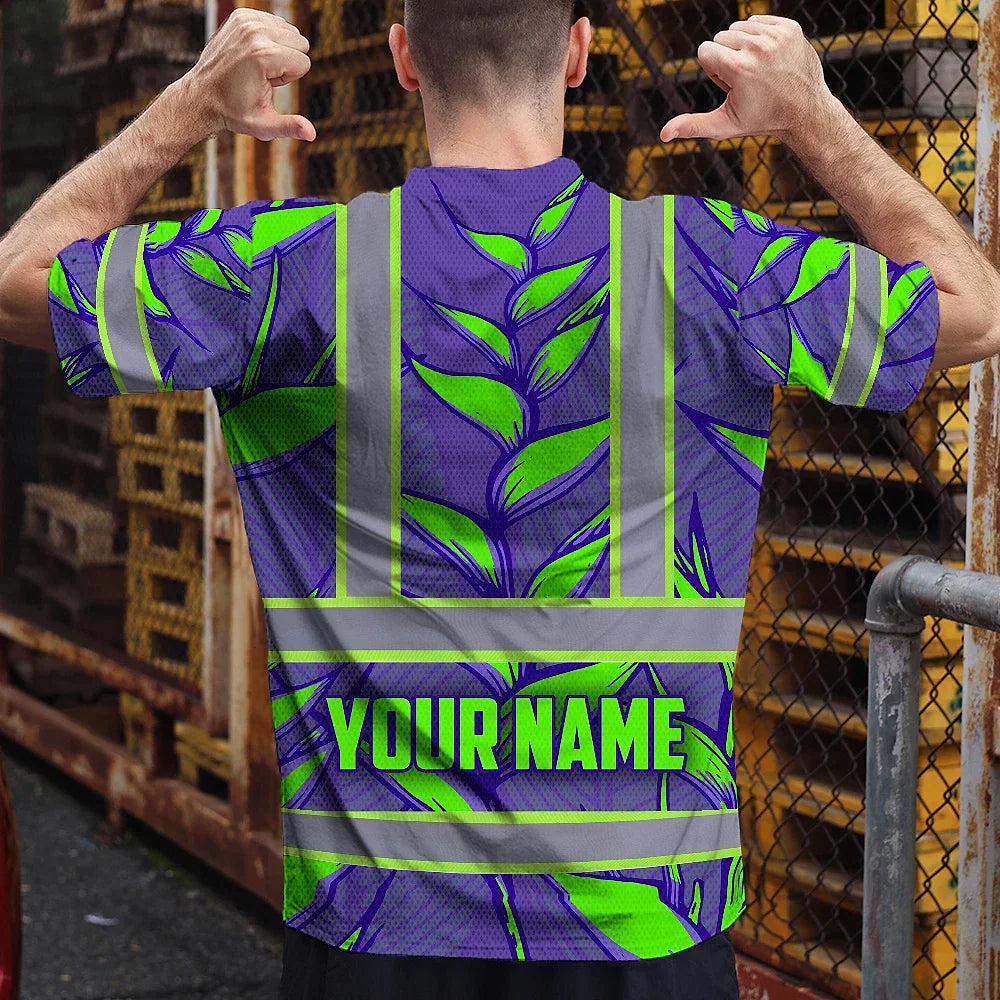 Hi Vis T Shirt Reflective Tapes Violet Neon Green Heliconia Custom Name Safety Workwear For Workers, Truckers, Operators