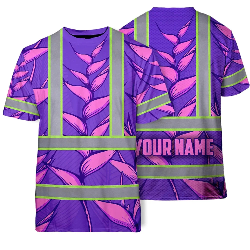 Hi Vis T Shirt Reflective Tapes Violet Neon Pink Heliconia Custom Name Safety Workwear For Workers, Truckers, Operators