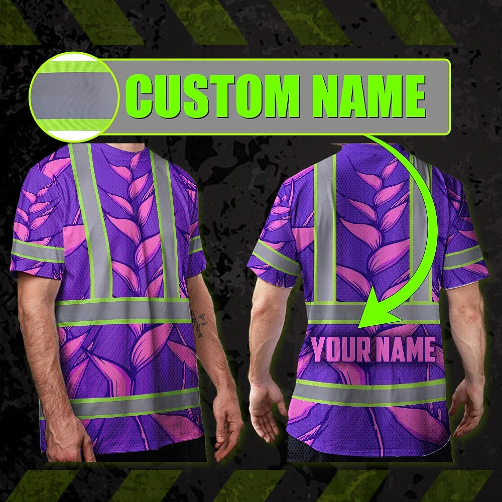 Hi Vis T Shirt Reflective Tapes Violet Neon Pink Heliconia Custom Name Safety Workwear For Workers, Truckers, Operators