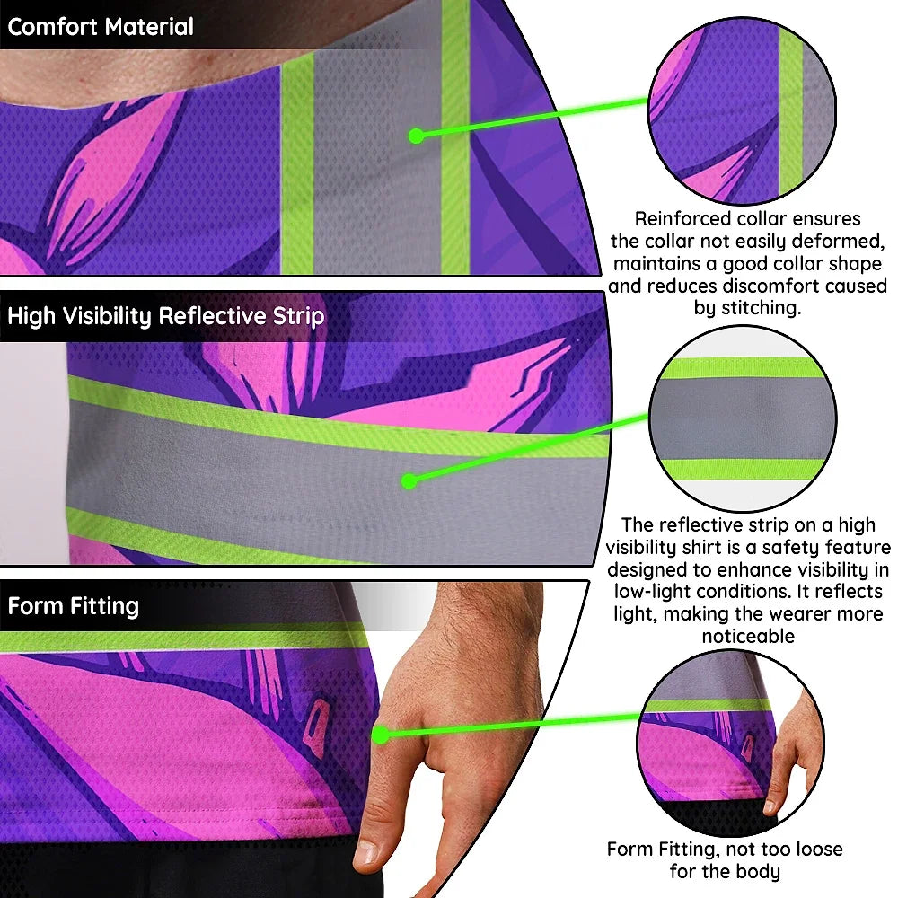 Hi Vis T Shirt Reflective Tapes Violet Neon Pink Heliconia Custom Name Safety Workwear For Workers, Truckers, Operators