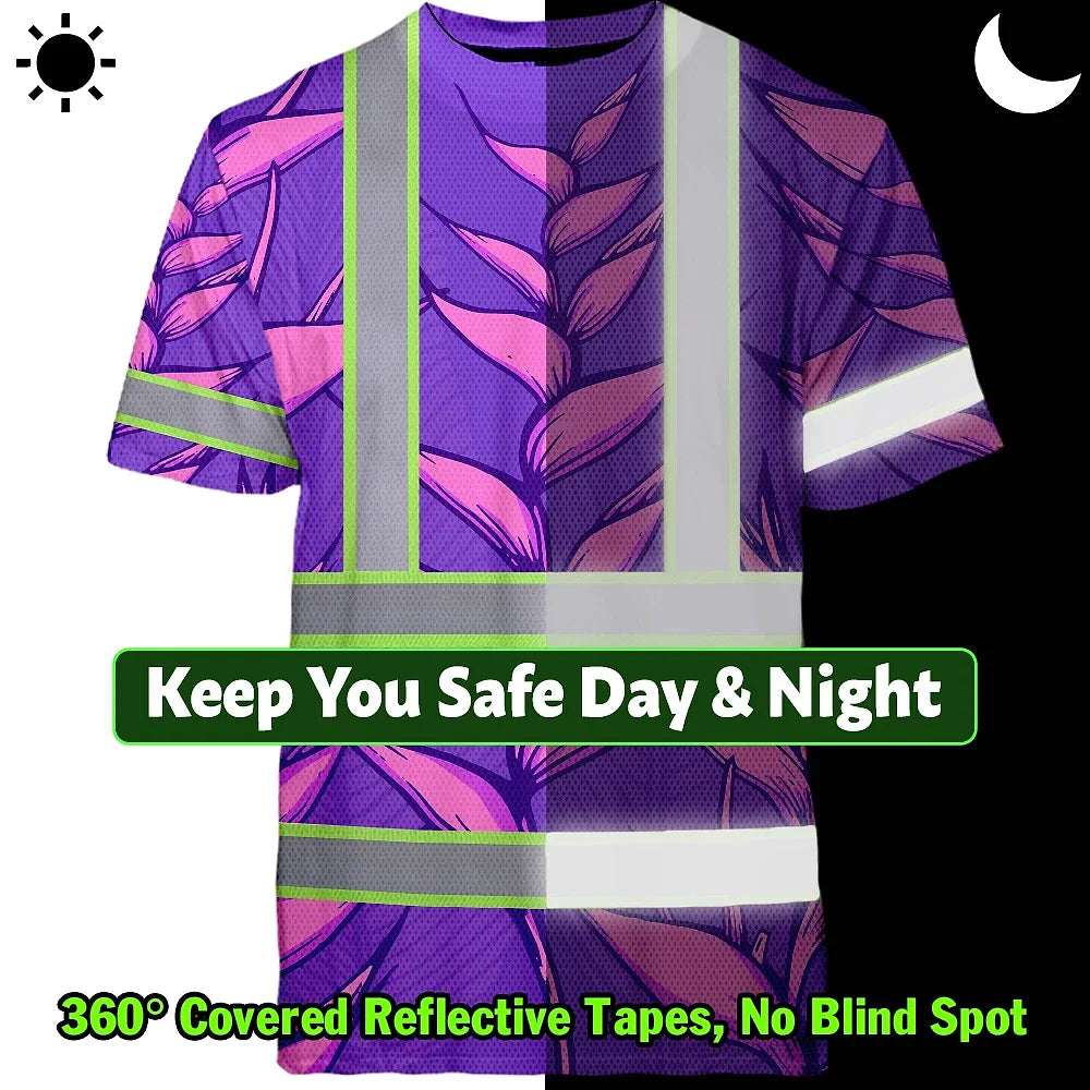 Hi Vis T Shirt Reflective Tapes Violet Neon Pink Heliconia Custom Name Safety Workwear For Workers, Truckers, Operators