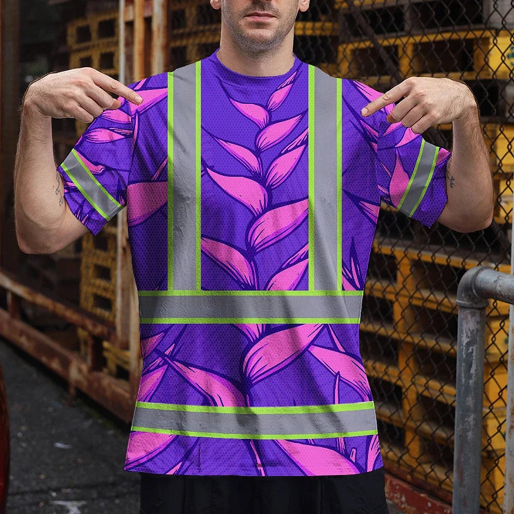 Hi Vis T Shirt Reflective Tapes Violet Neon Pink Heliconia Custom Name Safety Workwear For Workers, Truckers, Operators
