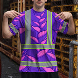 Hi Vis T Shirt Reflective Tapes Violet Neon Pink Heliconia Custom Name Safety Workwear For Workers, Truckers, Operators