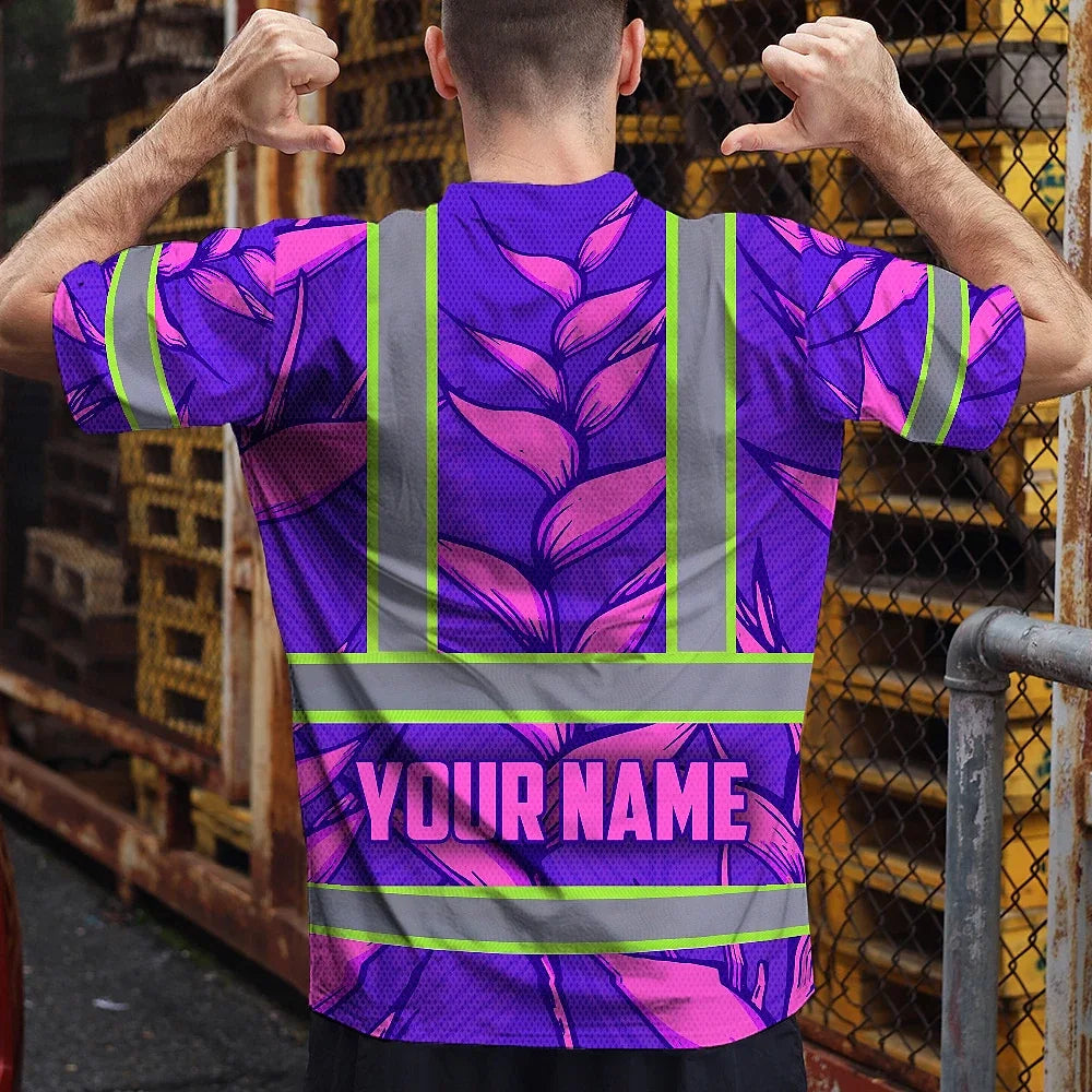 Hi Vis T Shirt Reflective Tapes Violet Neon Pink Heliconia Custom Name Safety Workwear For Workers, Truckers, Operators