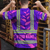 Hi Vis T Shirt Reflective Tapes Violet Neon Pink Heliconia Custom Name Safety Workwear For Workers, Truckers, Operators