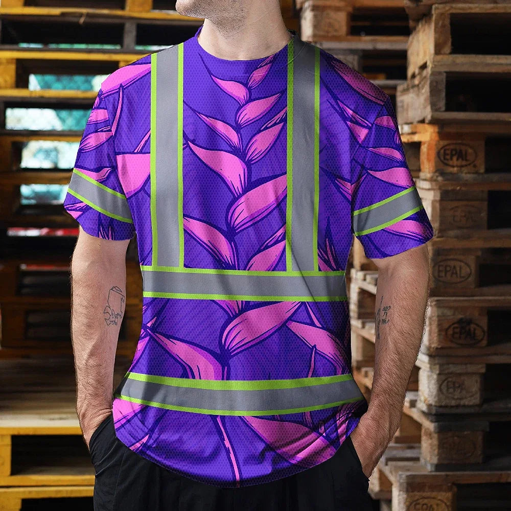 Hi Vis T Shirt Reflective Tapes Violet Neon Pink Heliconia Custom Name Safety Workwear For Workers, Truckers, Operators
