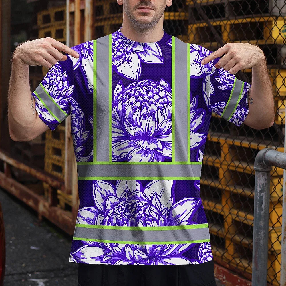 Hi Vis T Shirt Reflective Tapes Violet Neon White Protea Custom Name Safety Workwear For Workers, Truckers, Operators
