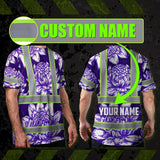 Hi Vis T Shirt Reflective Tapes Violet Neon White Protea Custom Name Safety Workwear For Workers, Truckers, Operators