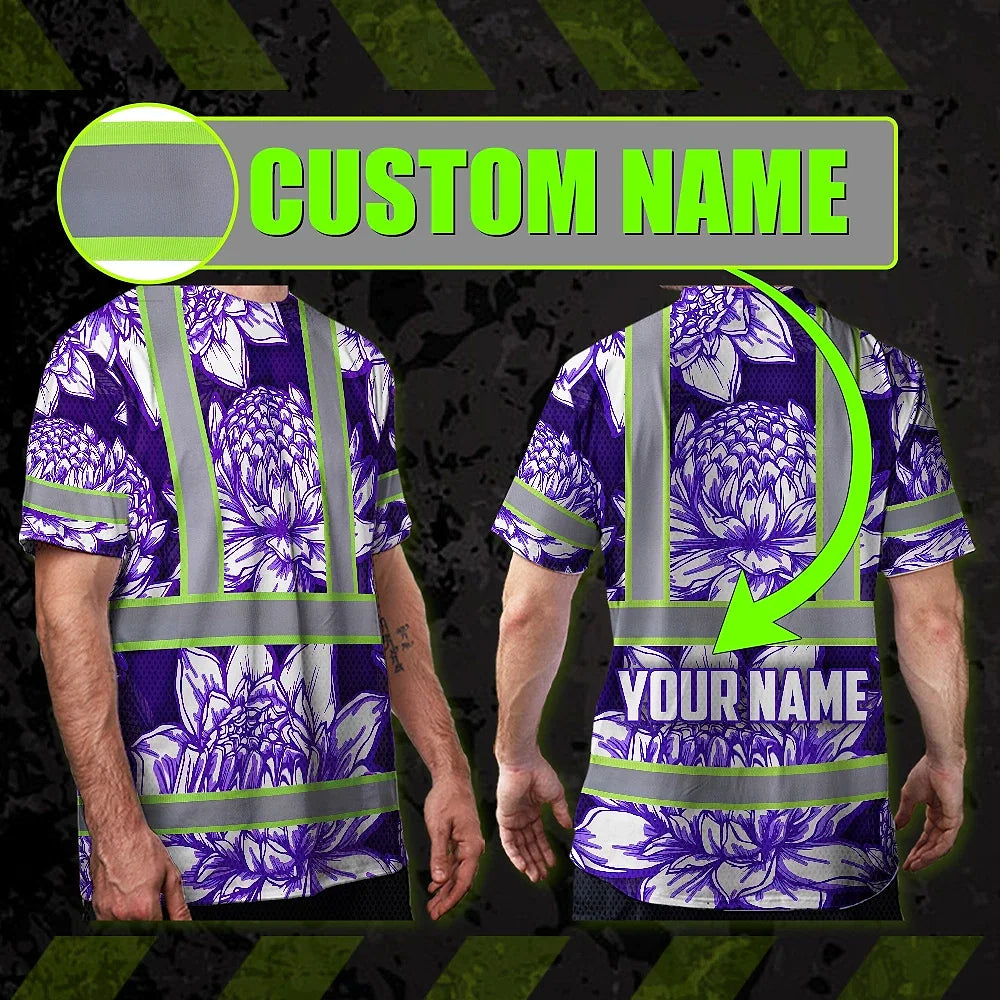 Hi Vis T Shirt Reflective Tapes Violet Neon White Protea Custom Name Safety Workwear For Workers, Truckers, Operators