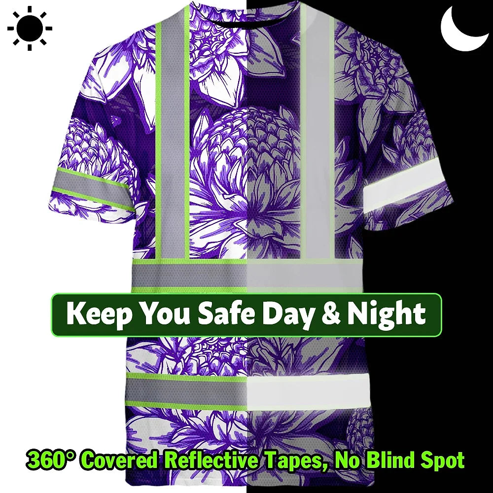 Hi Vis T Shirt Reflective Tapes Violet Neon White Protea Custom Name Safety Workwear For Workers, Truckers, Operators