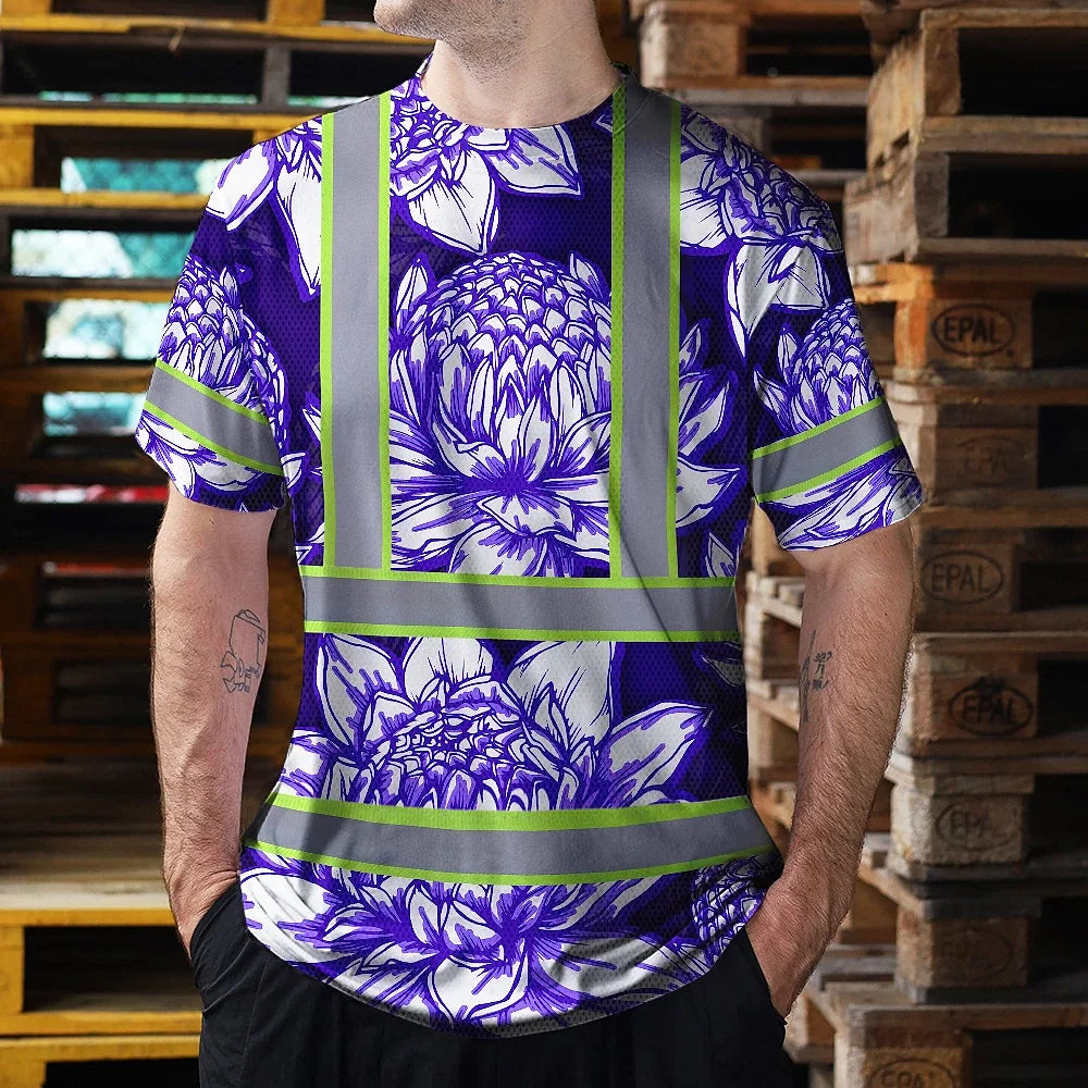 Hi Vis T Shirt Reflective Tapes Violet Neon White Protea Custom Name Safety Workwear For Workers, Truckers, Operators