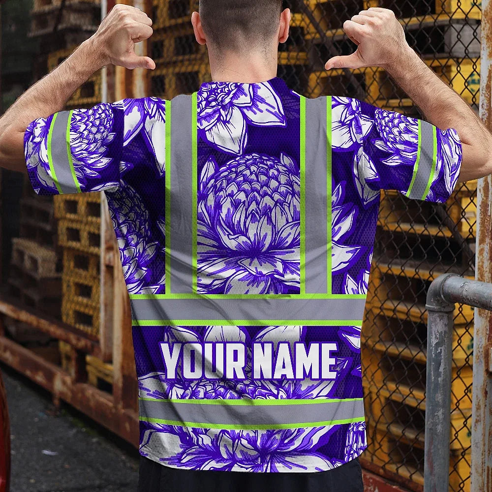 Hi Vis T Shirt Reflective Tapes Violet Neon White Protea Custom Name Safety Workwear For Workers, Truckers, Operators