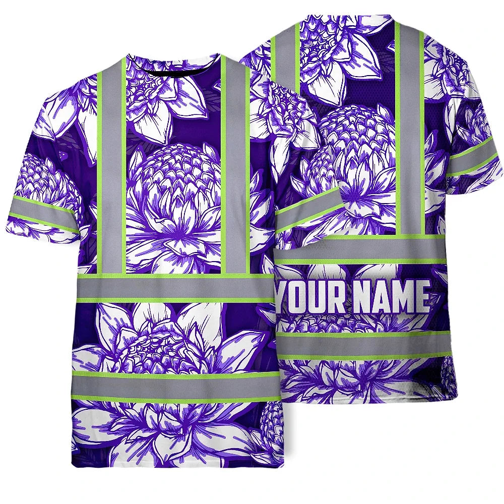 Hi Vis T Shirt Reflective Tapes Violet Neon White Protea Custom Name Safety Workwear For Workers, Truckers, Operators
