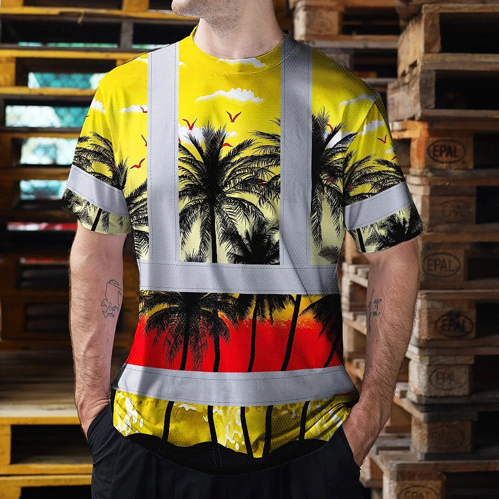 Hi Vis T Shirt Reflective Tapes Yellow Coconut Tree Custom Name Safety Workwear For Workers, Truckers, Operators