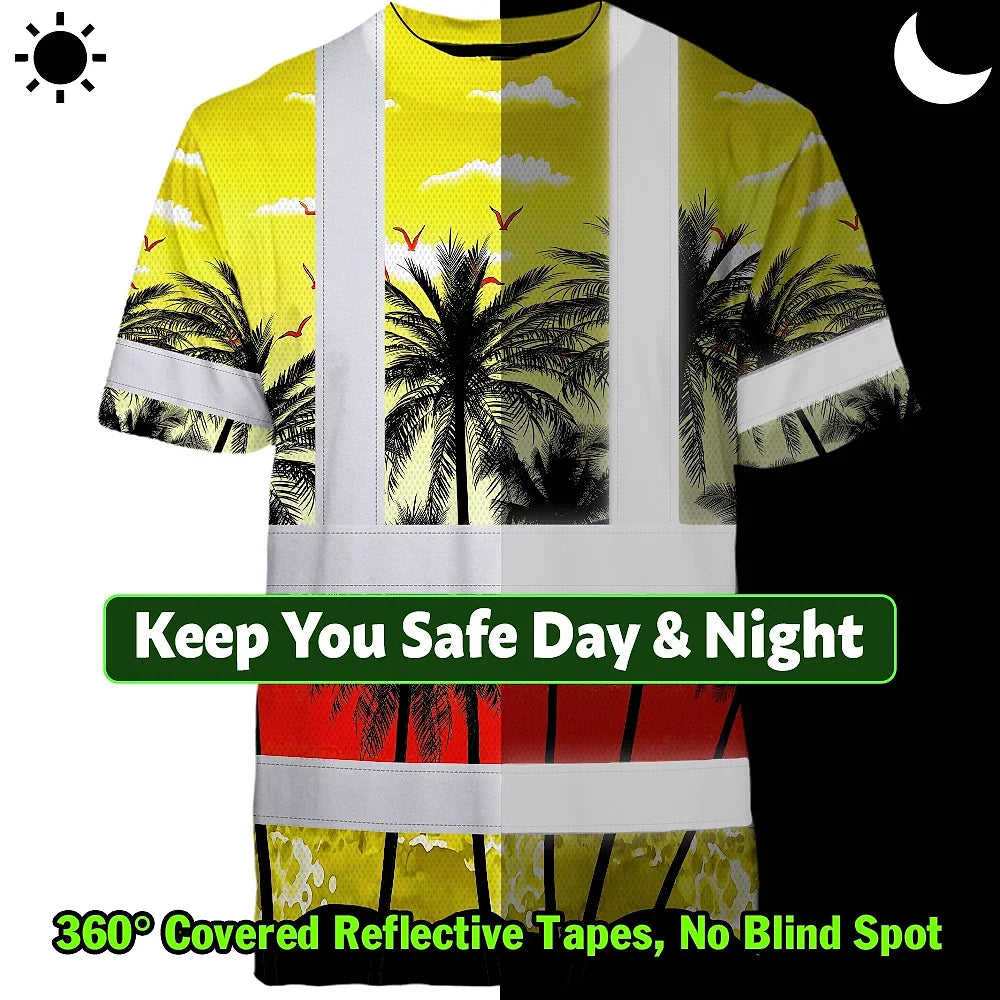 Hi Vis T Shirt Reflective Tapes Yellow Coconut Tree Custom Name Safety Workwear For Workers, Truckers, Operators