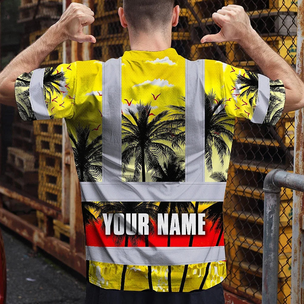 Hi Vis T Shirt Reflective Tapes Yellow Coconut Tree Custom Name Safety Workwear For Workers, Truckers, Operators