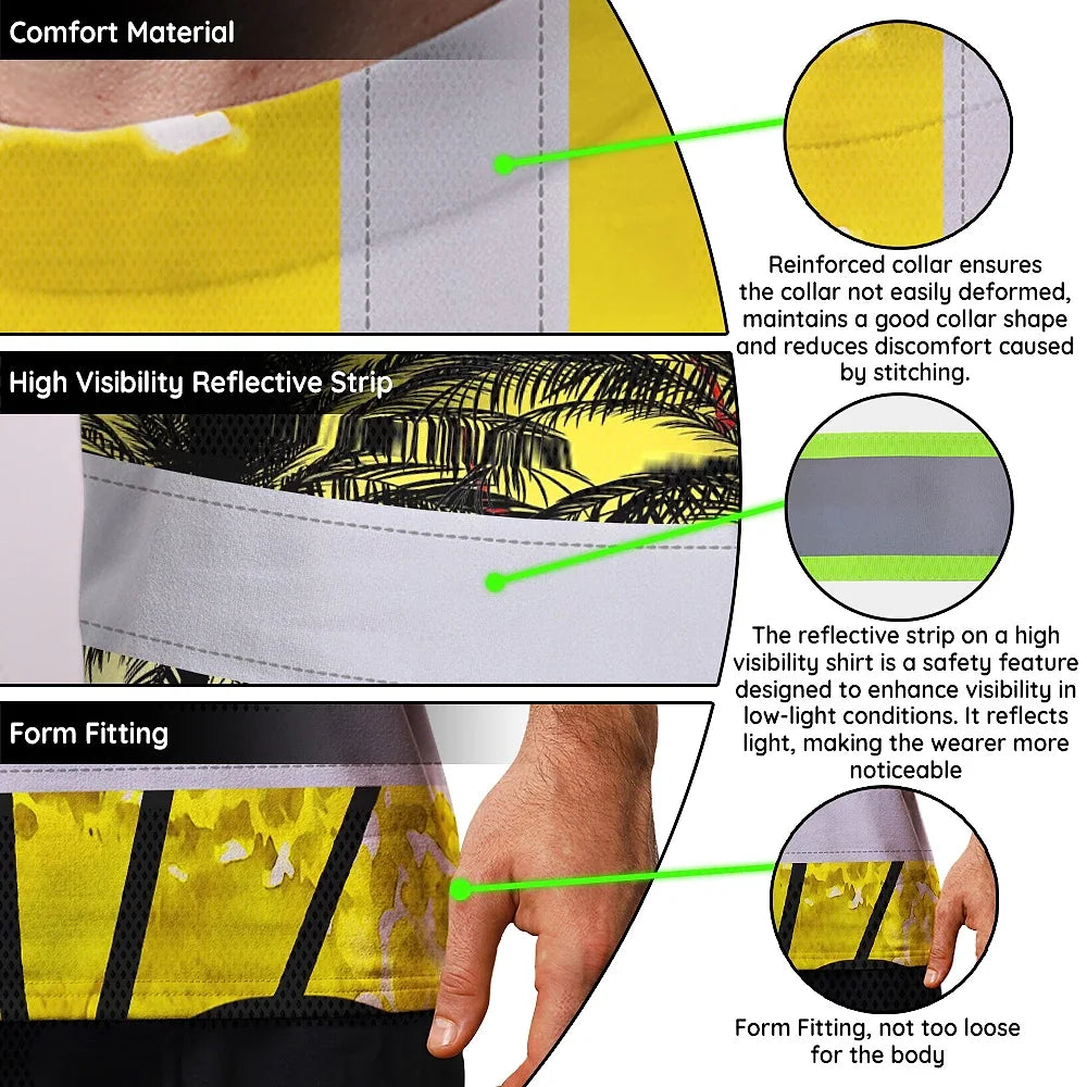 Hi Vis T Shirt Reflective Tapes Yellow Coconut Tree Custom Name Safety Workwear For Workers, Truckers, Operators