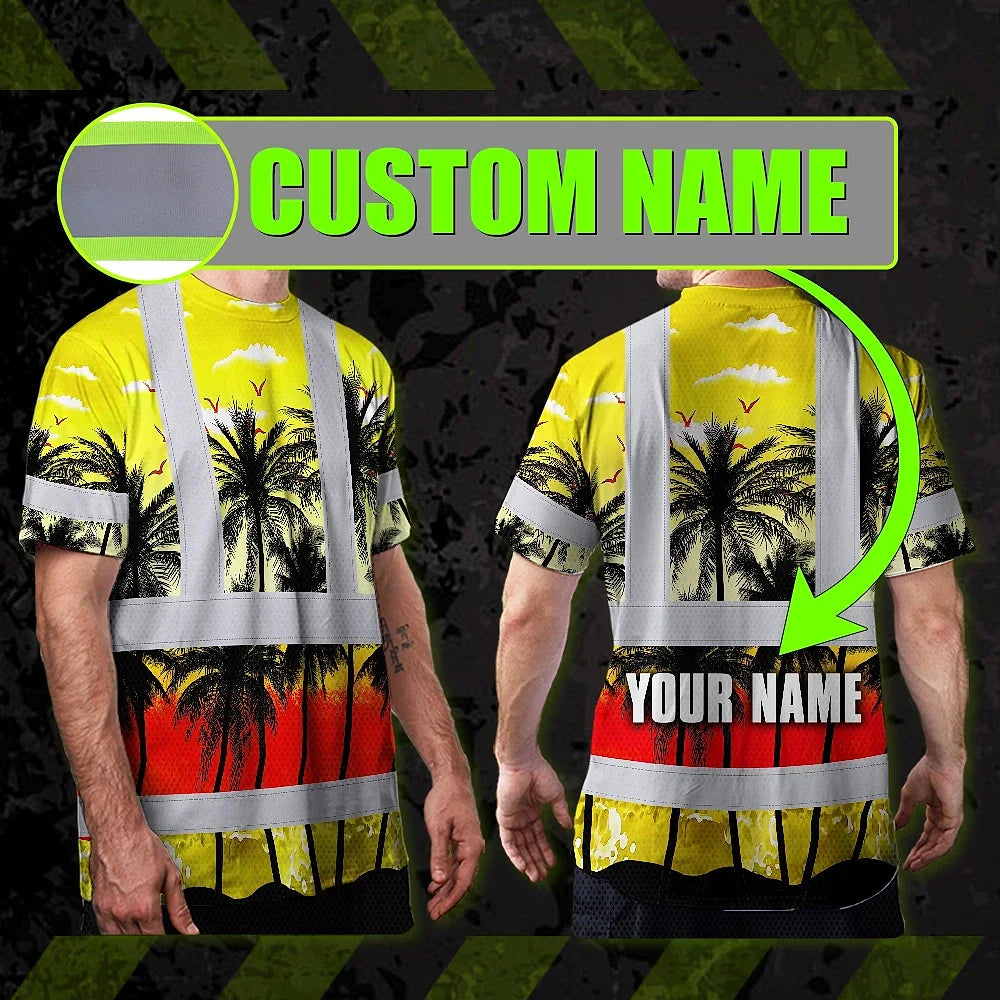 Hi Vis T Shirt Reflective Tapes Yellow Coconut Tree Custom Name Safety Workwear For Workers, Truckers, Operators