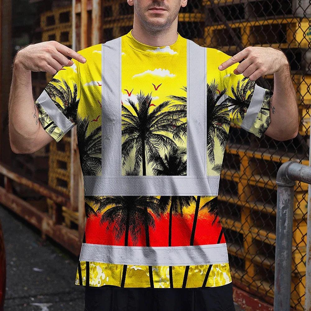Hi Vis T Shirt Reflective Tapes Yellow Coconut Tree Custom Name Safety Workwear For Workers, Truckers, Operators