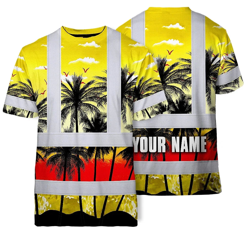Hi Vis T Shirt Reflective Tapes Yellow Coconut Tree Custom Name Safety Workwear For Workers, Truckers, Operators