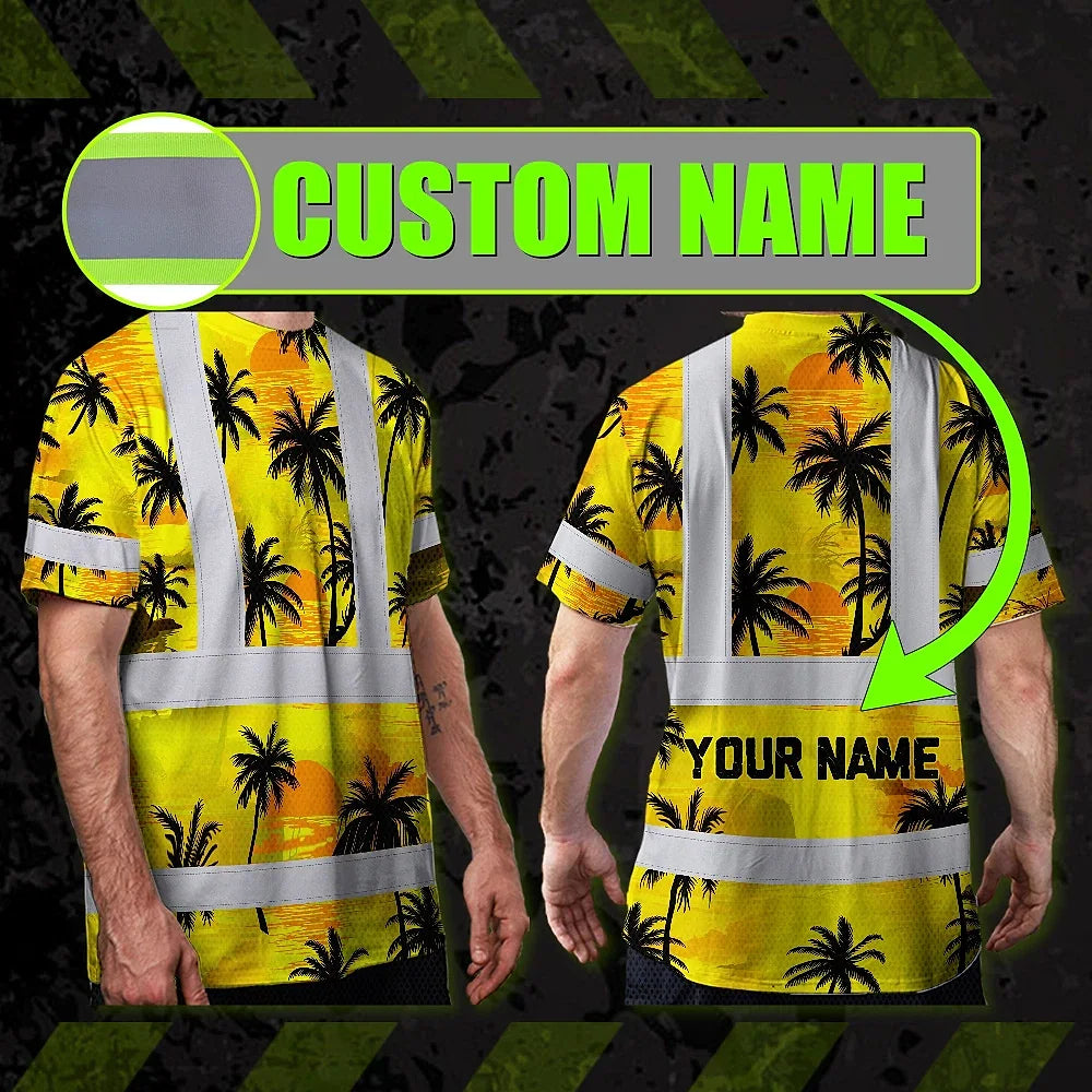 Hi Vis T Shirt Reflective Tapes Yellow Neon Flowers Custom Name Safety Workwear Workers, Truckers, Operators