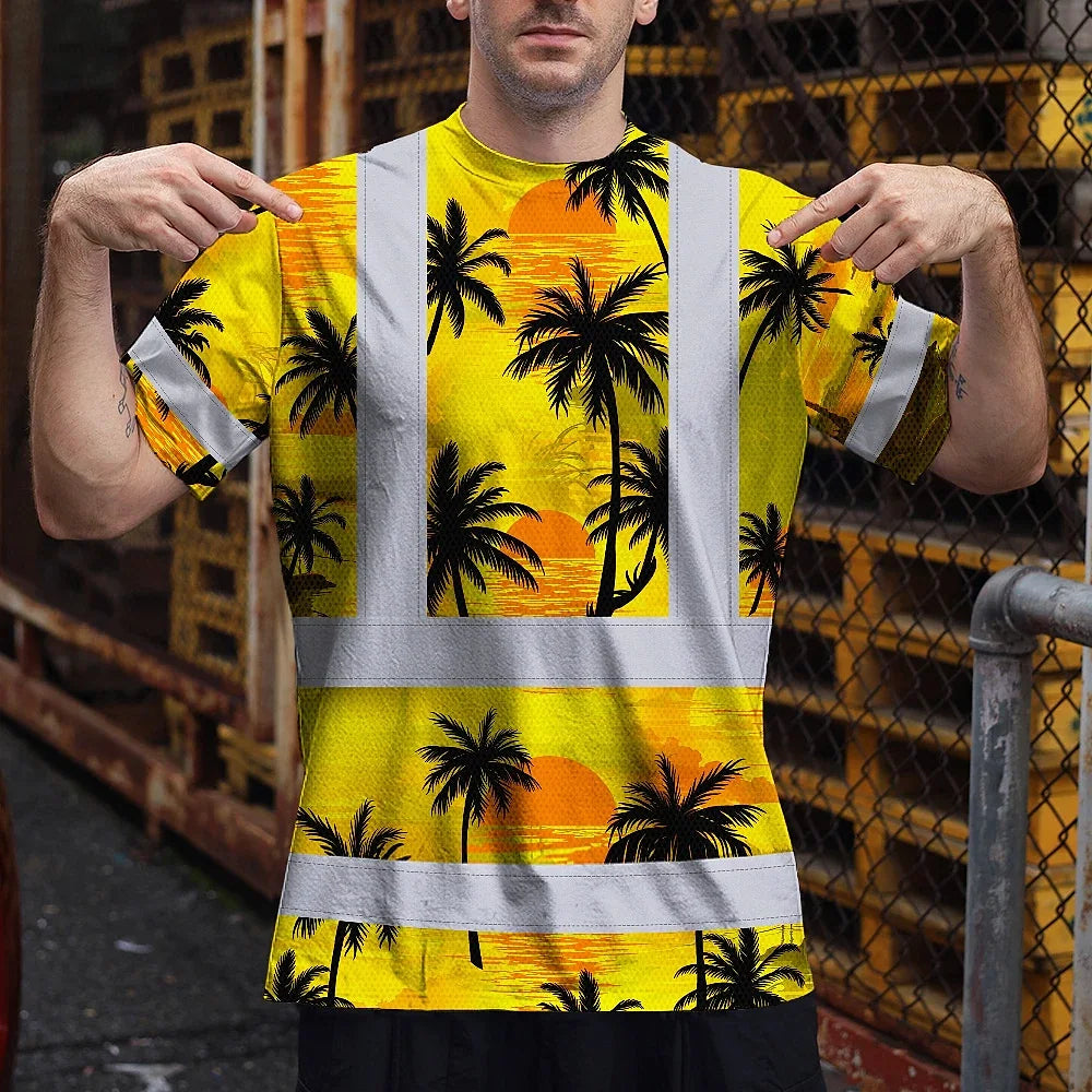 Hi Vis T Shirt Reflective Tapes Yellow Neon Flowers Custom Name Safety Workwear For Workers, Truckers, Operators